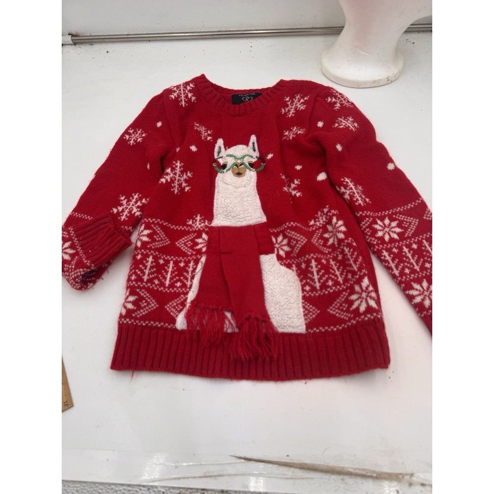 Kids Christmas Sweater Size S Red Llama Alpaca Snowflake Sequin Ugly Holiday